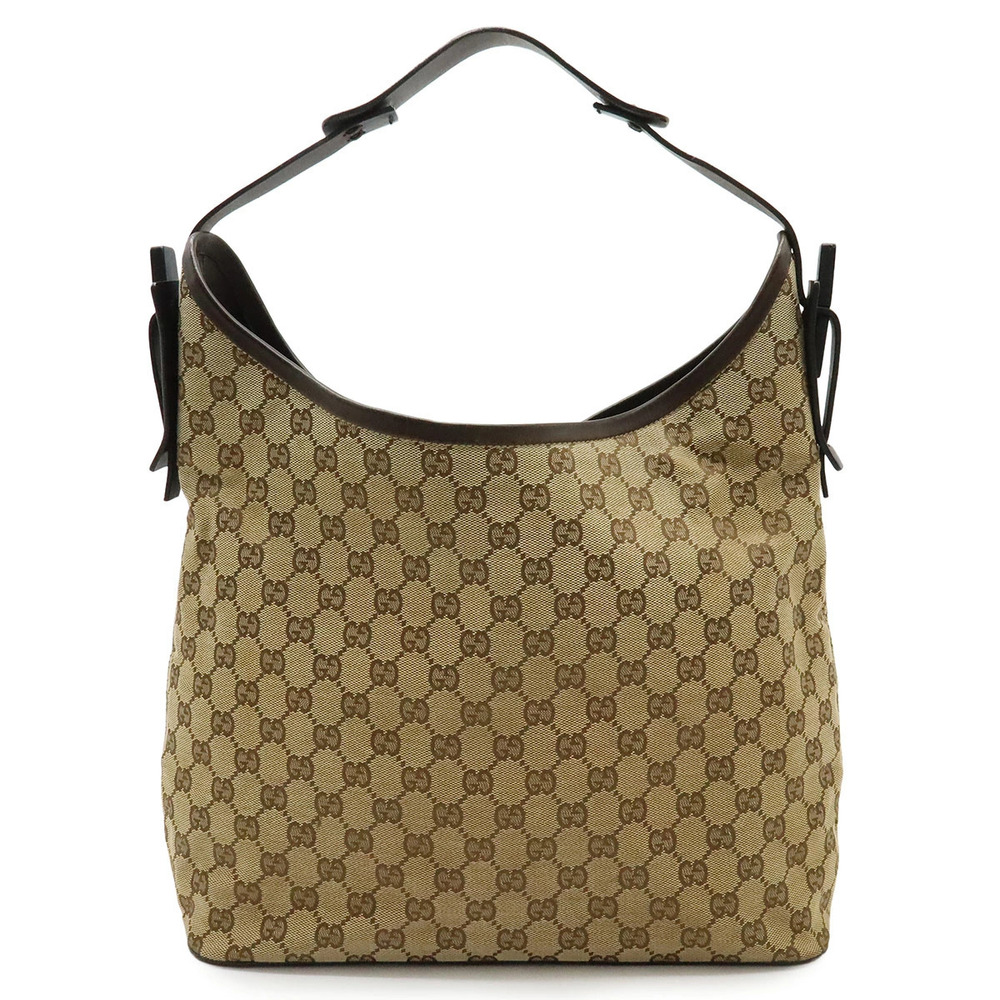 Gucci GG Canvas Shoulder Bag Hobo Leather Beige Brown Cream Brown
